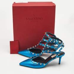 Pre Owned Valentino Metallic Blue Leather Rockstud Cage Pumps Size 39
