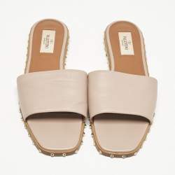 Valentino Beige Leather Soul Rockstud Flat Sandals Size 38