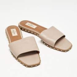 Valentino Beige Leather Soul Rockstud Flat Sandals Size 38