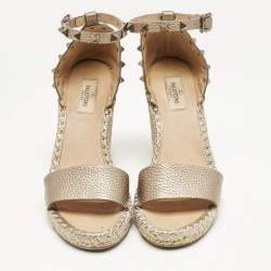 Valentino Metallic Gold Leather Rockstud Ankle Strap Wedge Espadrille Sandals Size 38