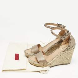 Valentino Metallic Gold Leather Rockstud Ankle Strap Wedge Espadrille Sandals Size 38