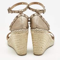 Valentino Metallic Gold Leather Rockstud Ankle Strap Wedge Espadrille Sandals Size 38