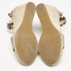 Valentino Metallic Gold Leather Rockstud Ankle Strap Wedge Espadrille Sandals Size 38