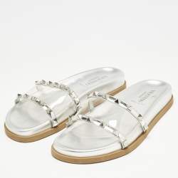 Valentino Silver Leather And PVC Rockstud Flat Slides Size 37