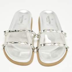 Valentino Silver Leather And PVC Rockstud Flat Slides Size 37