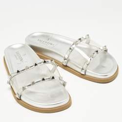 Valentino Silver Leather And PVC Rockstud Flat Slides Size 37