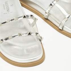 Valentino Silver Leather And PVC Rockstud Flat Slides Size 37
