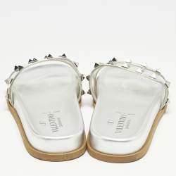 Valentino Silver Leather And PVC Rockstud Flat Slides Size 37