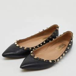 Pre Owned Valentino Black Leather Rockstud Ballet Flats Size 37