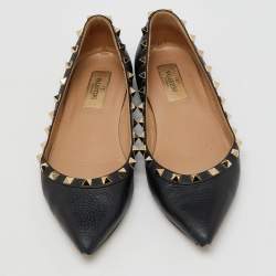 Pre Owned Valentino Black Leather Rockstud Ballet Flats Size 37