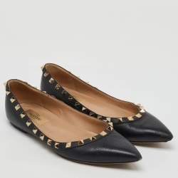 Pre Owned Valentino Black Leather Rockstud Ballet Flats Size 37