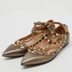 Valentino Metallic Leather Rockstud Ankle Strap Ballet Flats Size 38