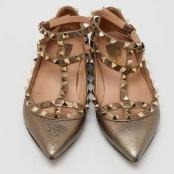 Valentino Metallic Leather Rockstud Ankle Strap Ballet Flats Size 38
