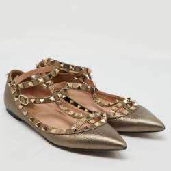 Valentino Metallic Leather Rockstud Ankle Strap Ballet Flats Size 38