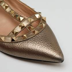 Valentino Metallic Leather Rockstud Ankle Strap Ballet Flats Size 38