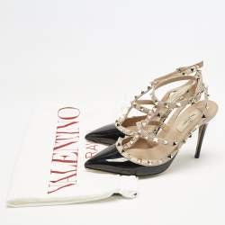Valentino Black/Beige Patent Leather Rockstud Caged Ankle Strap Pumps Size 38