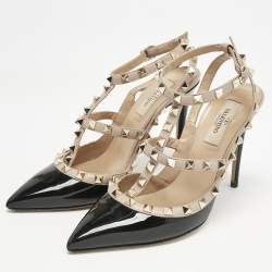 Valentino Black/Beige Patent Leather Rockstud Caged Ankle Strap Pumps Size 38