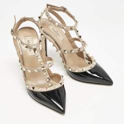 Valentino Black/Beige Patent Leather Rockstud Caged Ankle Strap Pumps Size 38
