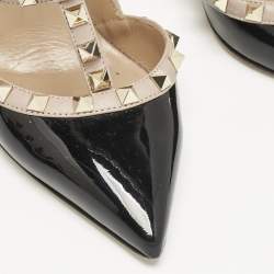 Valentino Black/Beige Patent Leather Rockstud Caged Ankle Strap Pumps Size 38
