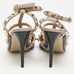 Valentino Black/Beige Patent Leather Rockstud Caged Ankle Strap Pumps Size 38