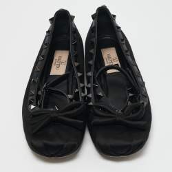 Valentino Black Satin Bow Rockstud Ankle Strap Ballet Flats Size 36