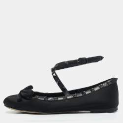 Valentino Black Satin Bow Rockstud Ankle Strap Ballet Flats Size 36