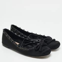 Valentino Black Satin Bow Rockstud Ankle Strap Ballet Flats Size 36
