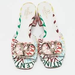 Valentino Multicolor Canvas Loop Escape V Logo Slide Sandals Size 36