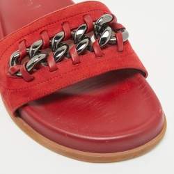 Valentino Red Leather and Suede Chain Embellished Flat Slides Size 37