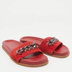 Valentino Red Leather and Suede Chain Embellished Flat Slides Size 37