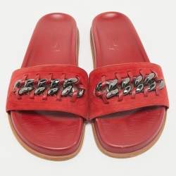 Valentino Red Leather and Suede Chain Embellished Flat Slides Size 37