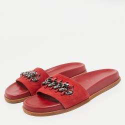 Valentino Red Leather and Suede Chain Embellished Flat Slides Size 37