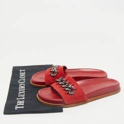 Valentino Red Leather and Suede Chain Embellished Flat Slides Size 37