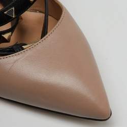 Valentino Beige/Black Leather Rockstud Ankle Wrap Pointed Toe Pumps Size 36.5