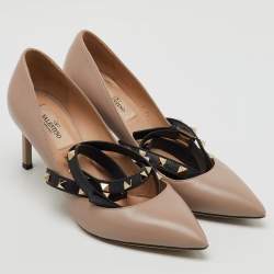 Valentino Beige/Black Leather Rockstud Ankle Wrap Pointed Toe Pumps Size 36.5
