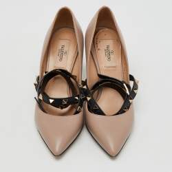 Valentino Beige/Black Leather Rockstud Ankle Wrap Pointed Toe Pumps Size 36.5