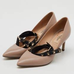 Valentino Beige/Black Leather Rockstud Ankle Wrap Pointed Toe Pumps Size 36.5