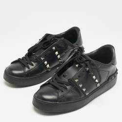 Valentino Black Leather Rockstud Low Top Sneakers Size 36