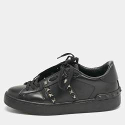 Valentino Black Leather Rockstud Low Top Sneakers Size 36