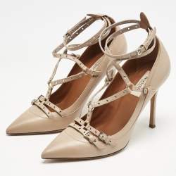 Pre Owned Valentino Beige Leather Love Latch Ankle Strap Pumps Size 39