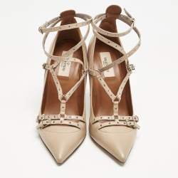 Pre Owned Valentino Beige Leather Love Latch Ankle Strap Pumps Size 39