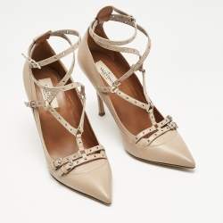 Pre Owned Valentino Beige Leather Love Latch Ankle Strap Pumps Size 39