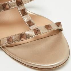 Pre Owned Valentino Gold Leather Rockstud Slide Sandals Size 38