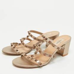 Pre Owned Valentino Gold Leather Rockstud Slide Sandals Size 38