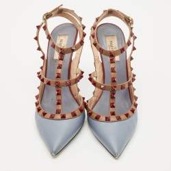 Valentino Light Blue Leather Rockstud Cage Pumps Size 40.5