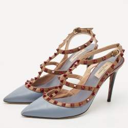 Valentino Light Blue Leather Rockstud Cage Pumps Size 40.5