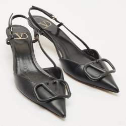 Pre Owned Valentino Black Leather VLogo Slingback Pumps Size 37