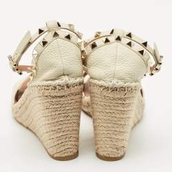 Valentino Cream Leather Rockstud Wedge Espadrille Ankle Strap Sandals Size 39