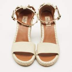 Valentino Cream Leather Rockstud Wedge Espadrille Ankle Strap Sandals Size 39