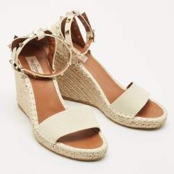 Valentino Cream Leather Rockstud Wedge Espadrille Ankle Strap Sandals Size 39